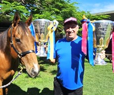 Celebrating another Queensland success ... Buffering, the multiple Queensland Horse Of The Year, and Hearthcote show off the trophies from the Brisbane Lions back-to-back AFL Premiership triumphs
