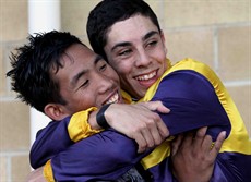 Beau Appo gets a hug from fellow apprentice Sairyn Faulk after winning a race at Kilcoy