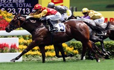 The Tony Millard-trained Golden Harvest (No. 5, red cap), ridden by Joao Moreira, edges past Smart Volatility (No. 8, grey cap) and Peniaphobia (No. 7, yellow cap) to win the HKSAR Chief Executive's Cup (Class 1-1200M).