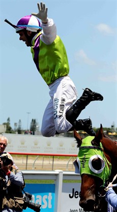 Noel Callow produced an exhilarating, star-jump dismount in the winners' enclosure AFTER winning Magic Millions Country Cup aboard War Jet (picture below)

Photo: Ross Stevenson