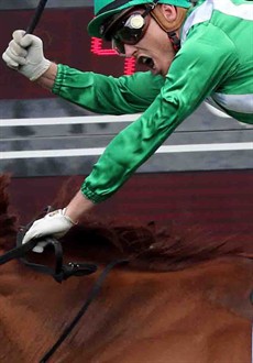 ... while Ryan Wiggins celebrated BEFORE he crossed the line on Feltre in the Magic Millions Trophy only to find, embarrassingly, that his actions had been premature and he had actually finished in second place behind Tinto

Photo: Graham Potter