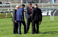 An unhappy Chris Waller out on the track with BRC officials