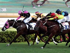 John Moore-trained Beauty Generation (No. 7), ridden by Derek Leung, wins the Oriental Watch Sha Tin Trophy Handicap (Group 2, 1600m) at Sha Tin Racecourse