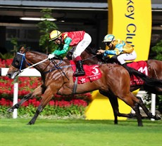 Olivier Doleuze gets Jumbo Happiness home to win the Class 3 Fortress Hill Handicap, his first win of the season