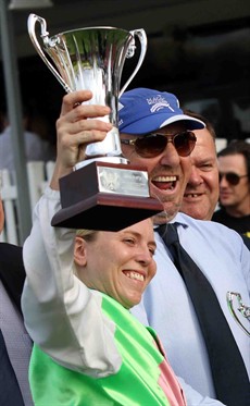 Tiffani Brooker and Darryl Hansen seen celebrating Monsieur Gustave's win in the George Moore. Will there be similar scenes after the Lough Neagh Stakes (see race 8)
