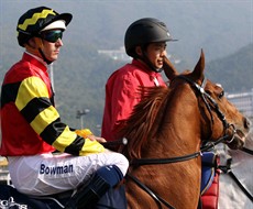 ... as he is when going into action. Here Bowman takes Luck Bubbles out onto the track prior to the running of the 2017 Longines Hing Kong Sprint