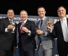 Club CEO Winfried Engelbrecht-Bresges (2nd left) and top executives drink a champagne toast to celebrate another successful LONGINES Hong Kong International Races.

Photo: Courtesy Hong Kong Jockey Club