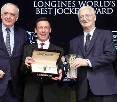 Mr Walter von Känel, President of LONGINES (left), and Mr. Louis Romanet (right), Chairman of the International Federation of Horseracing Authorities (IFHA), co-present the LONGINES World’s Best Jockey Award trophy for 2018 and a Longines watch to Mr. Frankie Dettori, at the gala dinner of the LONGINES Hong Kong International Races held on 7 December at the Hong Kong Convention & Exhibition Centre.