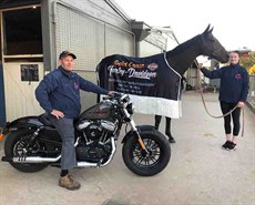 Horse Power … Tony proudly pictured with his Bat Of Hell winner Tycoon Ace, whose effort won the trainer a Harley Davidson. Brooke Mackie is the strapper.

'I didn’t think too much about the prize until they hit the line and then I thought … shit, I’ve won a Harley!'