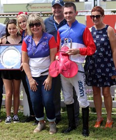 The team with winning jockey Brendon Davis with the Memorial Trophies for the winning jockey