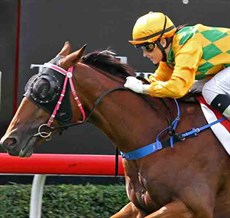 Rikki winning the 2014 Listed Phoenix Stakes on Lucky Tom, a horse very close to her heart