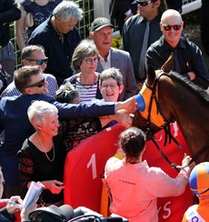 Melody Belle's connections celebrate the win in the Sires Produce at Eagle Farm back in 2017 ...