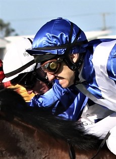 Mallyon … Pushing Miss Fabulass home (above and below), showing all the grit and determination that that has carried him this far through testing times