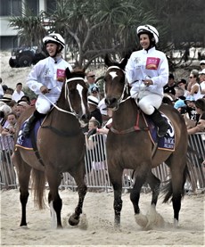 In good company … Thornton at the beach gallops with Michelle Payne … 