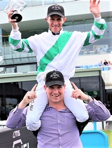 The good times ... Du Plessis is carried shoulder-high after he had piloted Kisukano to victory (see below) in the 2020 edition of the Two-Year-Old Jewel at the Gold Coast
