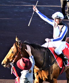 Gypsy Goddess and Willie Pike after Gypsy Goddess had clinched her first Group 1 win in the Queensland Oaks