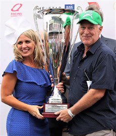Alan Endresz receives the Magic Millions Three-year-Old Guineas trophy back in January 2020