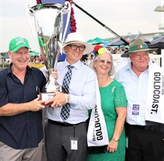 Endresz, trainer David Vandyke and owners Robyn and Jeff Simpson after the Magic Millions win ... a result that was taken away from them for a while. Now they've got it back via the court ruling