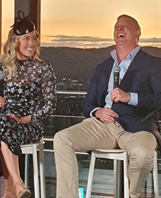 Emily Lang and Tony Gollan enjoying some light hearted banter at the launch of the Stradbroke Season and the Queensland Winter Carnival. On Saturday it will be down to serious business