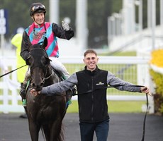 Baylee Nothdurft leads Antino back toi scale after Antino's rousing win in the A. D. Hollindale on Saturday