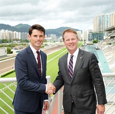 James Cummings (left) is formally welcomed by Executive Director, Racing, The Hong Kong Jockey Club, Mr Andrew Harding.