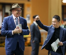 David Hayes celebrates his third consecutive victory in the DBS x Manulife Million Challenge.

Photo: Hong Kong Jockey Club